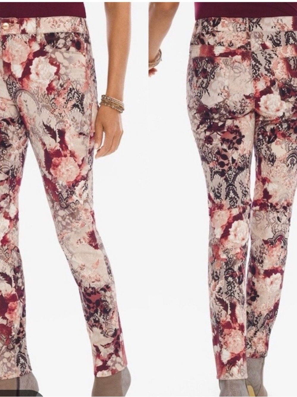 Chicos Romantic Floral lace platinum jeggings slim Leg Pants Burgundy and Cream